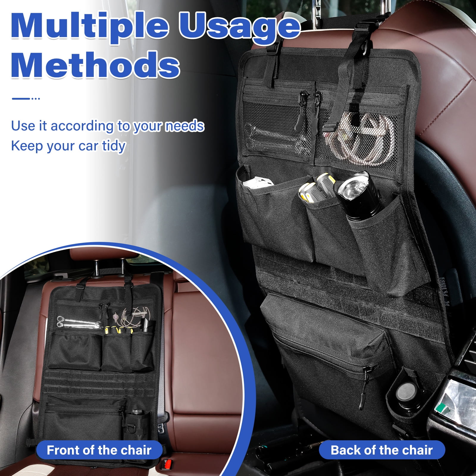 Car Backseat Organizer with 7 Storage Pockets, Adjustable Straps, Universal Fit Seat Back Storage Bag for Road Trips, RV, and Daily Commuting