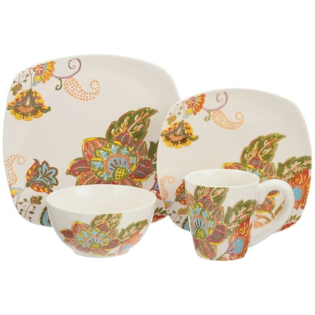 Better Homes & Gardens Floral Spray 16-Piece Square Dinnerware Set, Multi-Color