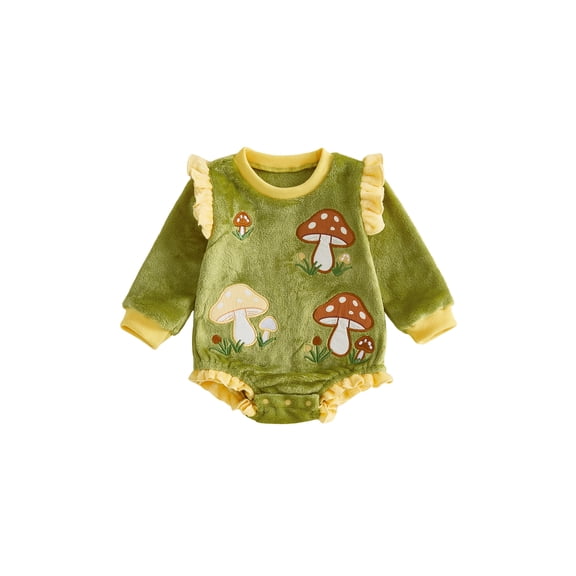 RUINIXCW Baby Girl Fleece Romper Mushroom Embroidered Ruffled Long Sleeve Bodysuit
