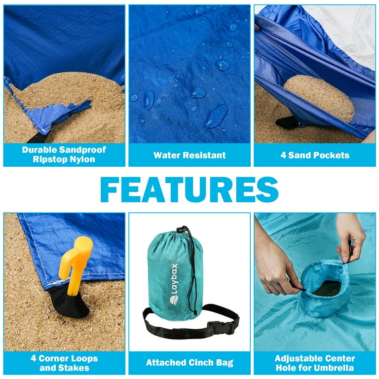 Laybax 9x10 Foot Blue Beach Blanket with Retractable Umbrella Hole Sand Pocket and Stakes Walmart