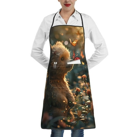 

Qekee Sunshine Butterfly Flower Bear Print Adjustable Bib Apron Resistant with Pocket Cooking Kitchen Aprons for Women Men Server Chef Apron