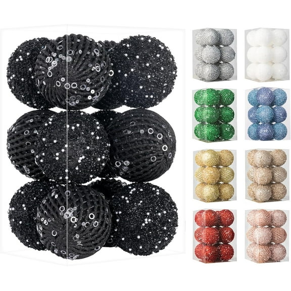 3.15" Christmas Ball Ornaments Glitter Shatterproof Christmas Tree Ornaments Sequin Xmas Hanging Balls Decorations for Wedding Party Holiday(Black)