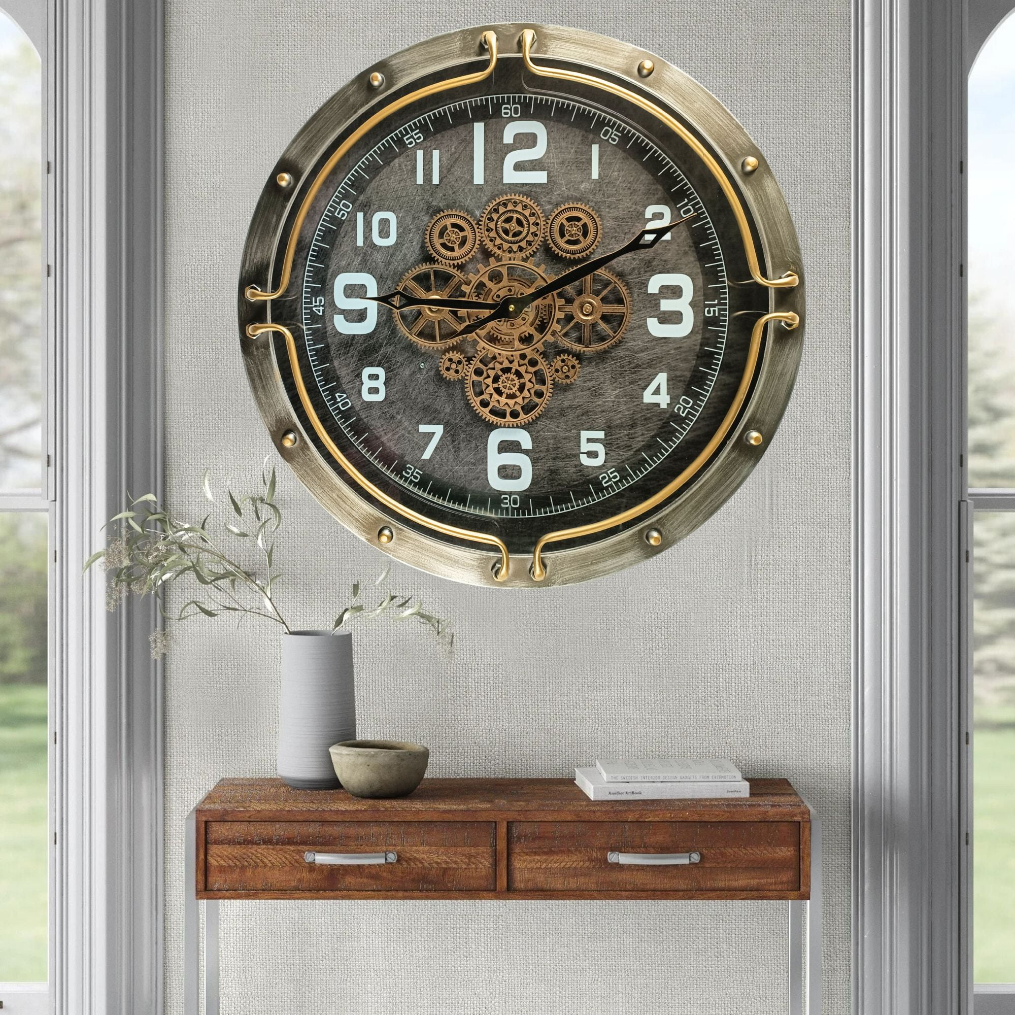 THE GEARS CLOCK Wall Clock with Real Moving Gears LU-LI_ 24 in Round SILVER-GREY
