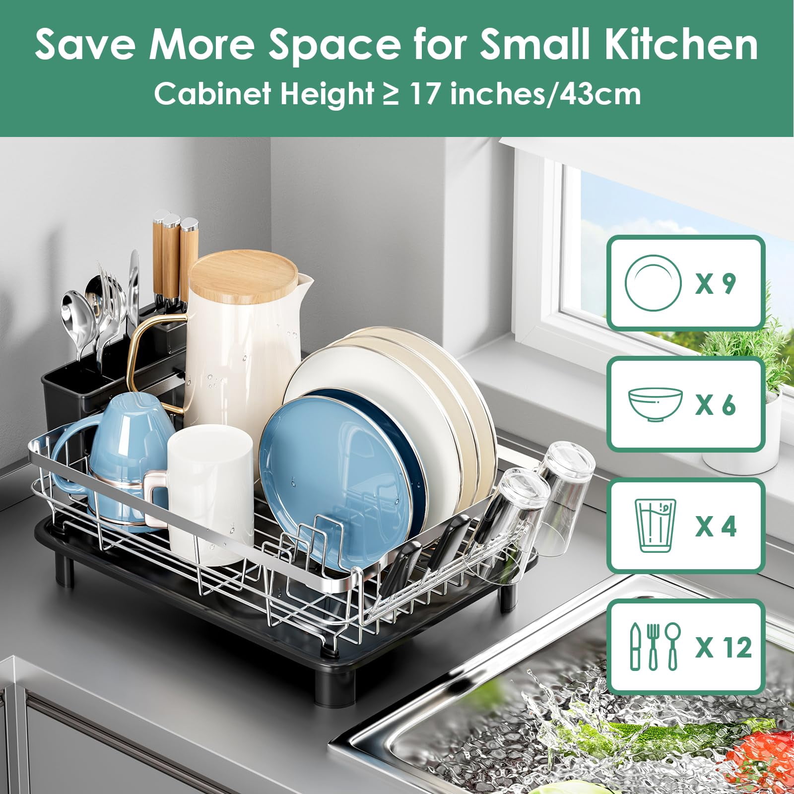 Dish Drying Rack  Stainless Steel Racks For Kitchen Counter Drainer With Removable Utensil Holder Drainboard (black 13''w X 17''l)