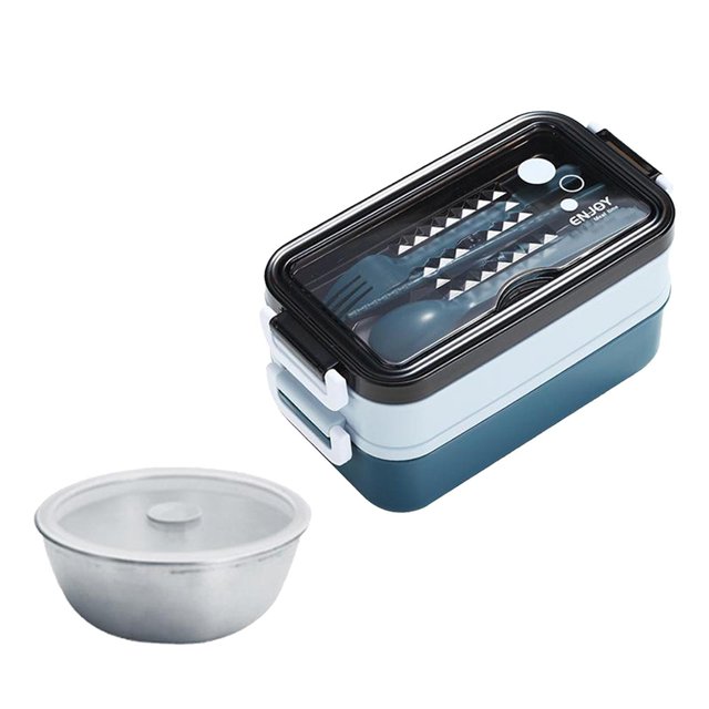 1 contenedor de almuerzo tipo bento apilable con utensilios para meriendas. azul con tazón de sopa