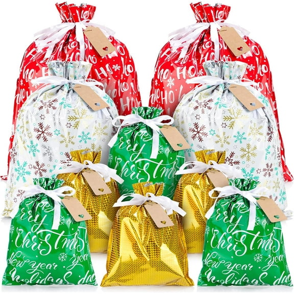 SONGAUN 10 PCS Christmas Drawstring Gift Bags with Tags, Assorted Size Xmas Gift Bags Set in Bulk, Large Medium Small Made of Food-Grade Aluminized Polymer, Reusable Eco-Friendly Drawstring Sacks
