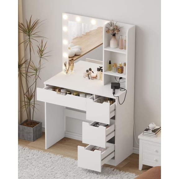 BouPower Makeup Vanity Desk with Mirror and Lights,Vanity Desk with Mirror, Make Up Dresser Table with Drawers & Power Outlet,Dressing Table,Vanity Desk,3 Lighting Modes