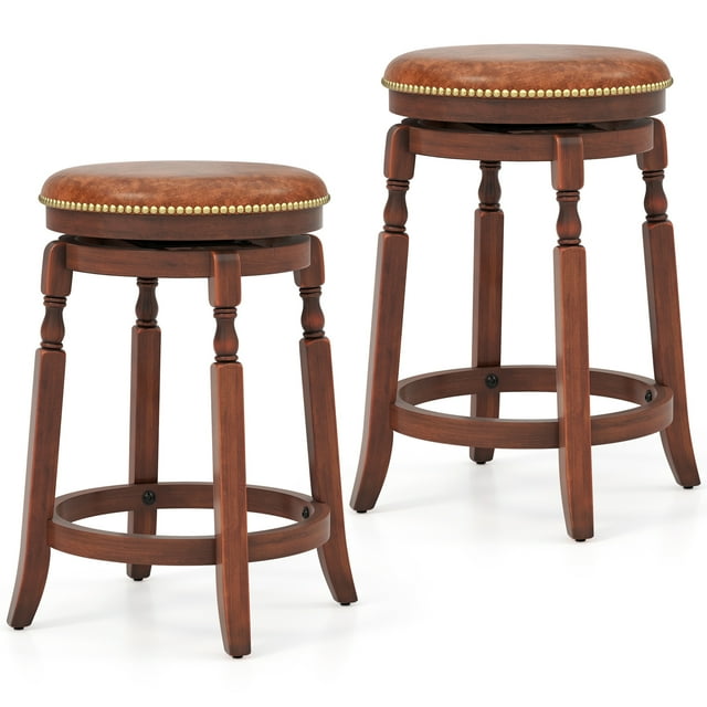 Costway 24" Swivel Bar Stool Set of 2 with Upholstered Seat & Rubber Wood Frame Round Walnut