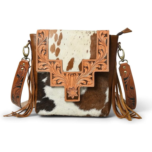 ADYANN Western Genuine Leather Floral Tooled Fringe Womens Shoulder Bag - Leather Western Bag with Leather Strap for Women