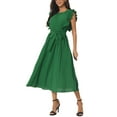 thumbnail image 4 of INSPIRE CHIC Women's Casual Midi Dress Ruffle Sleeveless Crewneck Pleated Flowy Belted Dresses S Green, 4 of 6