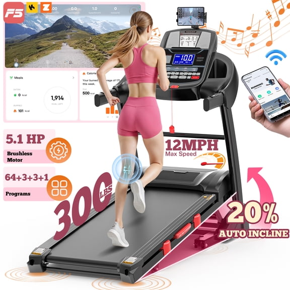 5.1HP Folding Treadmills for Home, Treadmill 300lbs Capacity with 20% Incline, Max 12MPH Speed, Treadmill Running Machine with APP & Bluetooth, Shock Absorption, Home&Office