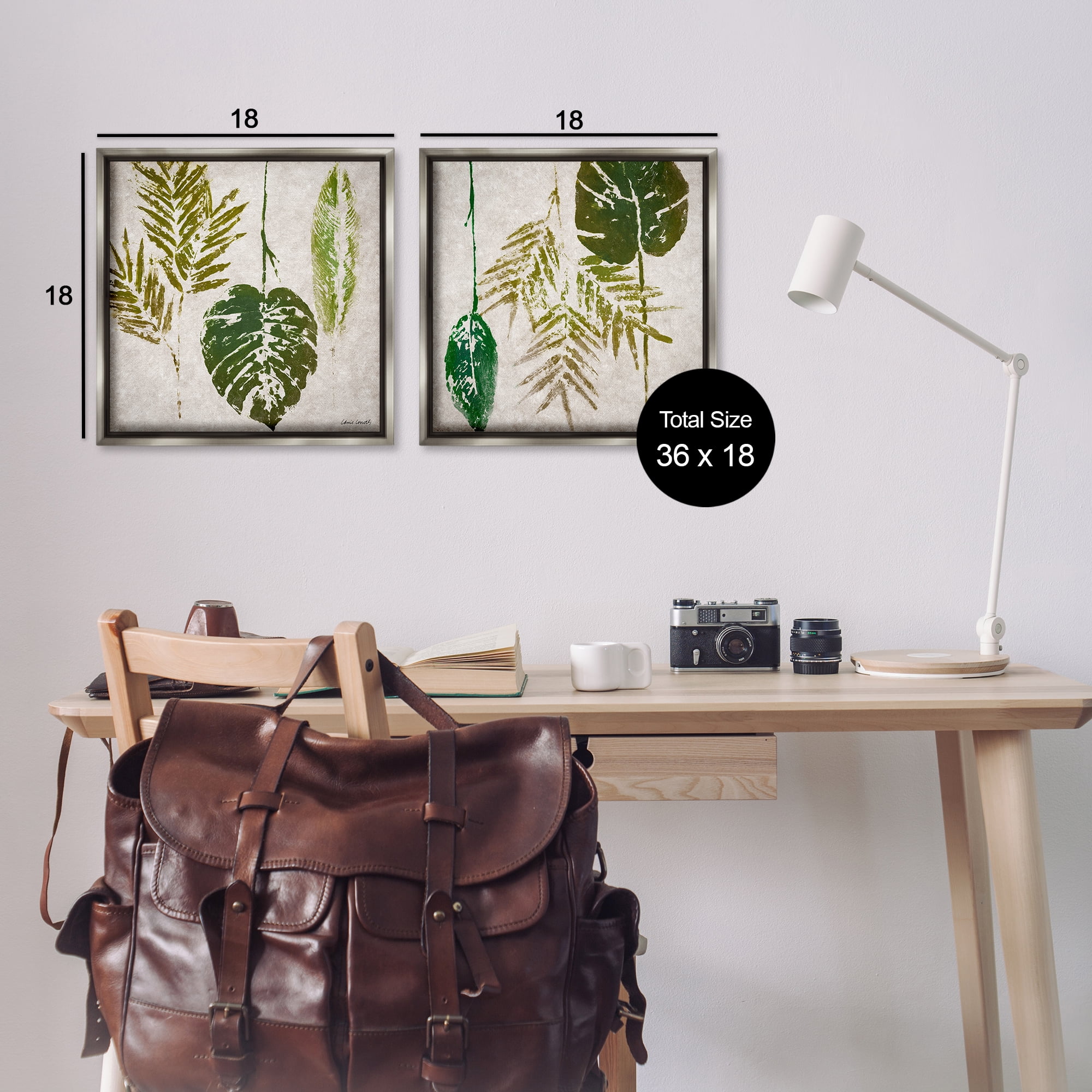 Stupell Industries Monstera Stamped Palm Leaves Plants & Flowers Painting Gray Floater Framed Canvas Art Print Wall Art, 18 x 18, Set of 2