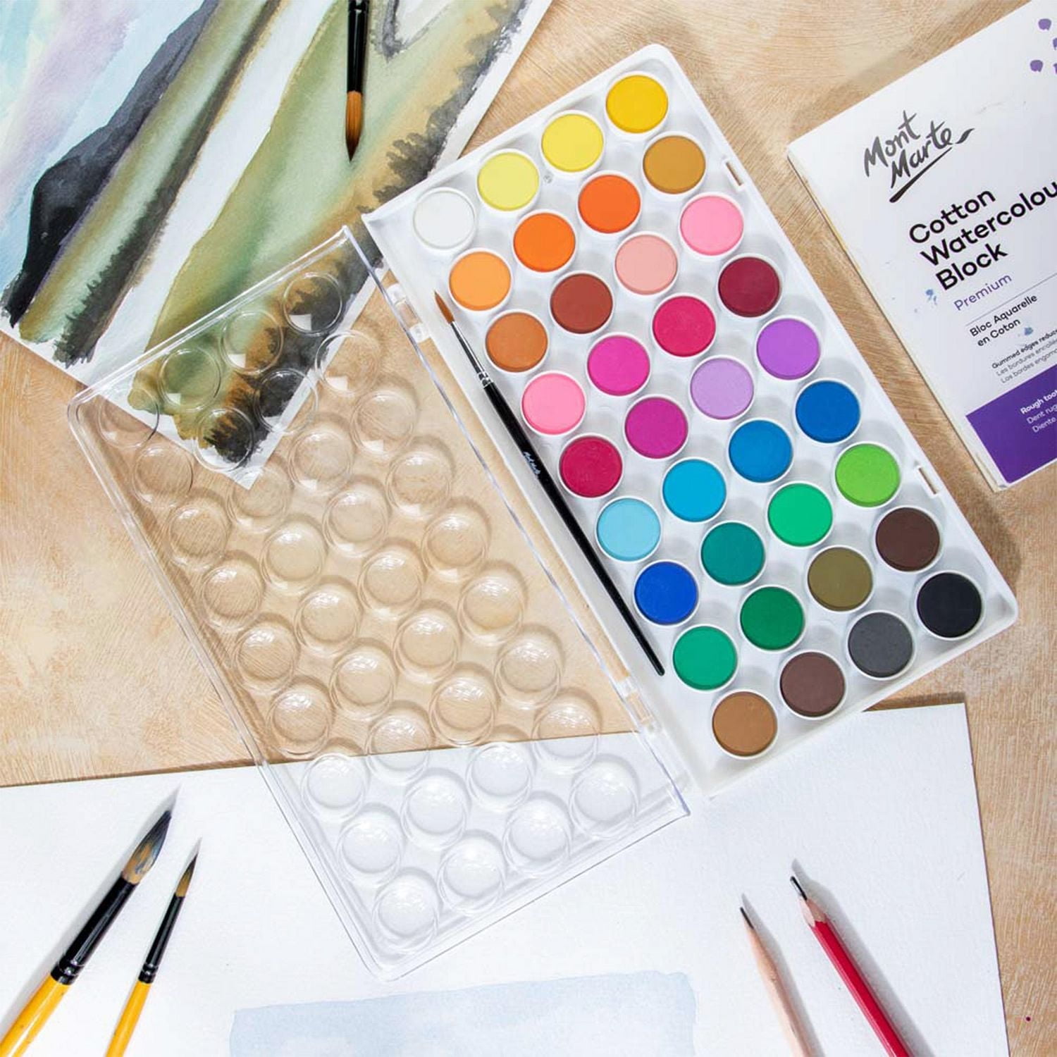 MONT MARTE Ensemble pour peinture à l'aquarelle gâteau de 36 couleurs avec pinceau