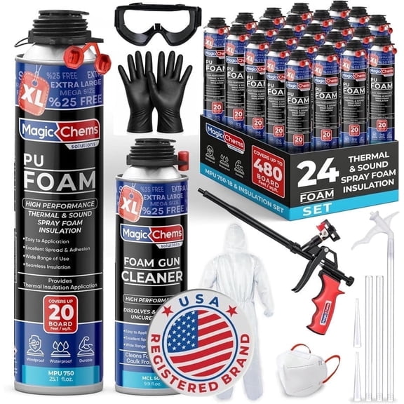 Spray Foam Insulation Kit (24 Pack-25.4 oz) Expanding Foam Sealant for Thermal & Acoustic InsulationFoam, Closed Cell, High Density SprayFoam, Covers up to 480 Board feet/sq. ft. Cleaner, Gun