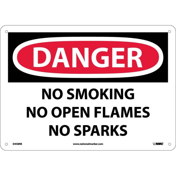 NMC Signs D458Rb, Danger No Smoking No Open Flames No Sparks Sign, 10 X 14, Rigid Plastic .050
