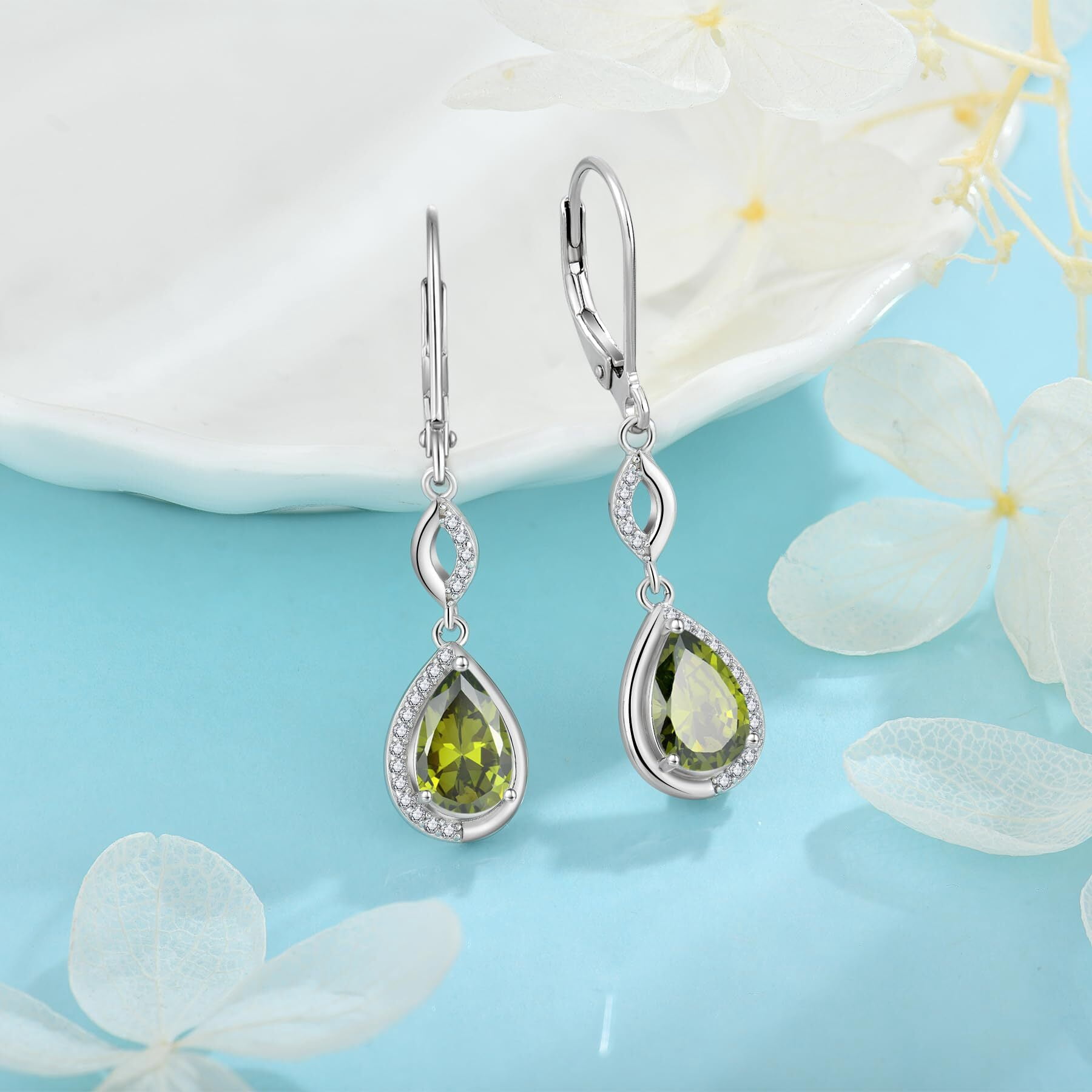 Inpasne Teardrop Dangle Drop Earrings for Women 925 Sterling Silver Leverback Peridot Earrings August Birthstone Jewelry Gifts for Mom Her Wife Girlfriend