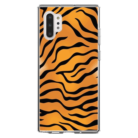 DistinctInk Clear Shockproof Hybrid Case for Galaxy Note 10 PLUS (6.8" Screen) - TPU Bumper, Acrylic Back, Tempered Glass Screen Protector - Orange Black White Tiger Skin Print - Animal Print