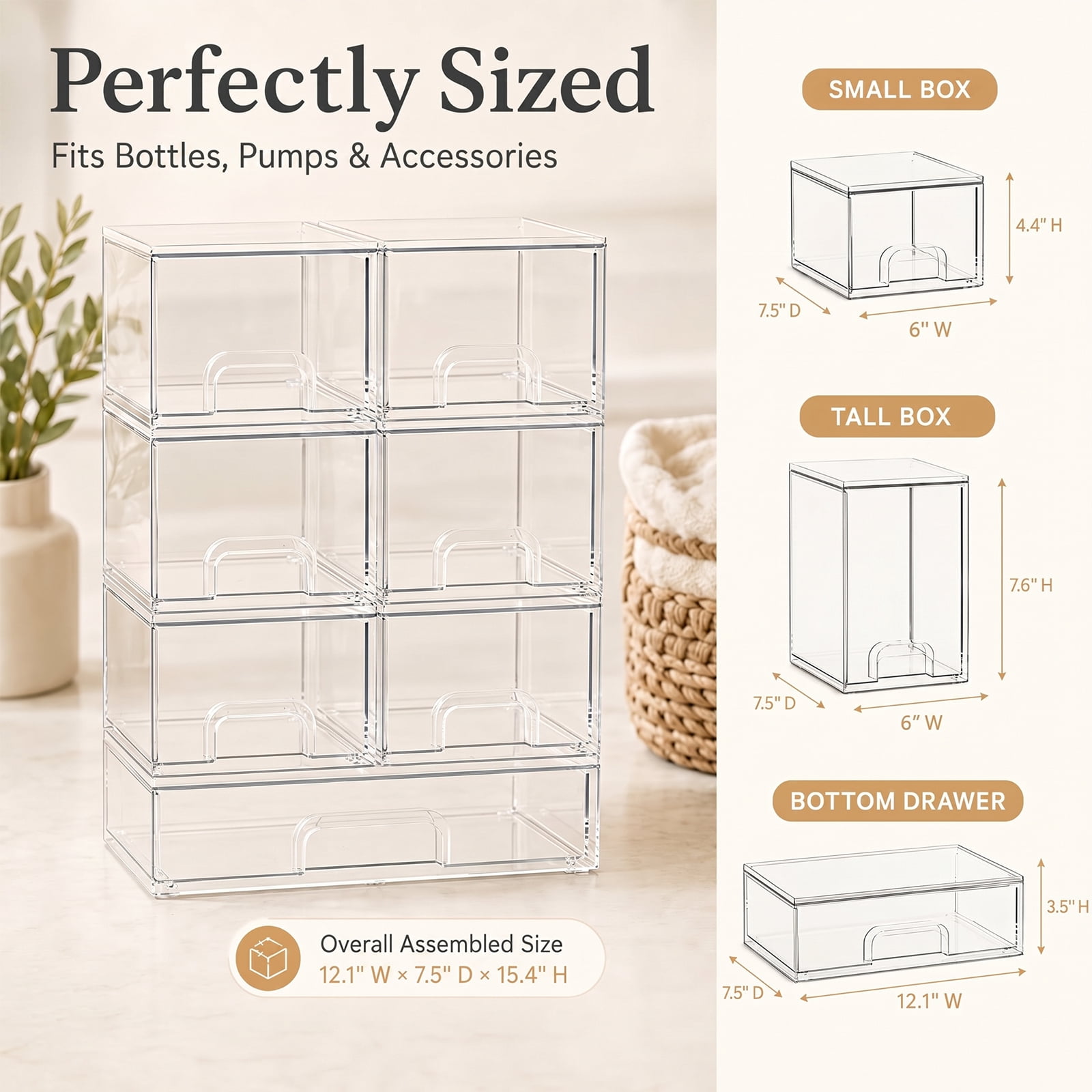 5-Piece Baby Bottle Organizer for Countertop, Clear Acrylic Drawer Set, Bottle Organizer for Pump Parts, Bottle Storage Organizer Baby for Nursery, Bathroom Vanity, Kitchen Counter