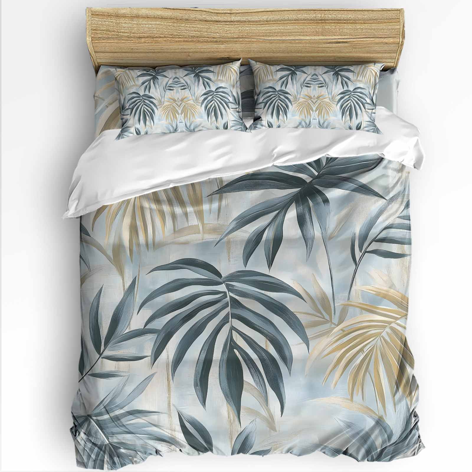 Bamboos Leaf Queen Duvet Cover Set, Green Leaves Watercolor Modernism 4 Piece Microfiber Bedding Set with Zipper Closure, Bed Sheet and 2 Pillow Shams, Soft Bedding Cover