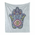 thumbnail image 1 of Evil Eye Soft Flannel Fleece Throw Blanket, Doodle Hamsa Hand Traditional All Seeing Eye Positive Colorful, Cozy Plush for Indoor and Outdoor Use, 70" x 90", Pale Blue Pink Green, by Ambesonne, 1 of 6