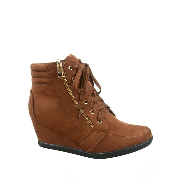 Peggy-56 Women's High Top Fashion Round Toe Lace Up Wedge Sneaker Shoes ( Brown, 7.5 )