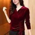 thumbnail image 5 of Qulqfy Women Tops Trendy Red Velvet Long Sleeve Plus Size Shirts Elegant Tie Side V Neck Blouses Spring Tops for Women M, 5 of 6