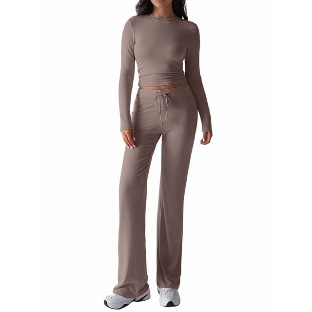 Conjuntos de 2 Piezas para Mujer, Larga, Cuello Redondo, Pantalones Acampanados de Cintura Alta, Conjuntos de Chándal, Ropa de Calle. Camello L