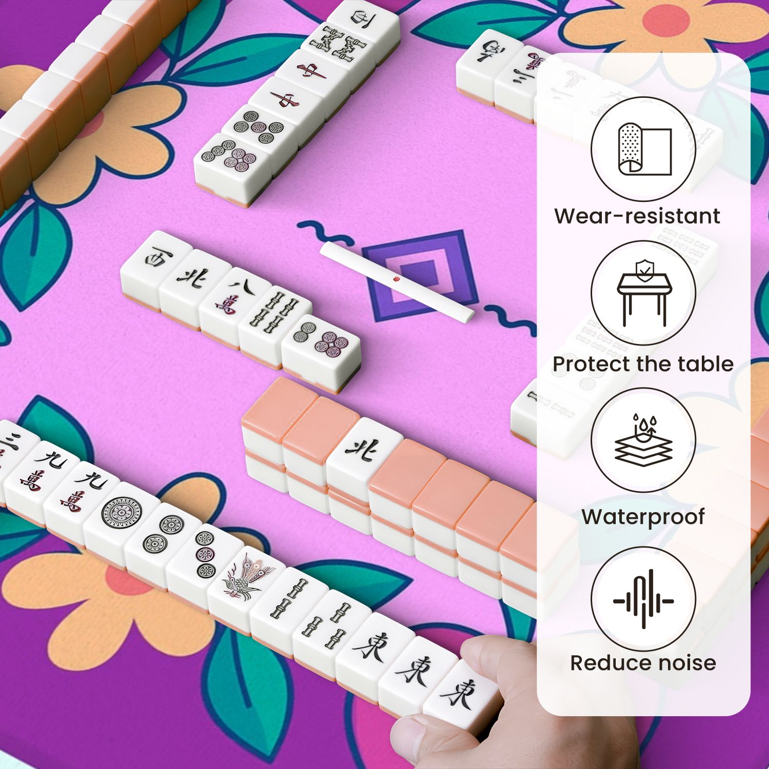 Mahjong Mat 31.5" x 31.5" Colorful Heart Flower Frame Geometric Center Anti-Slip and Noise Reduction Symmetry Design Mahjong Tiles Table Cover for Dominoes Poker Card Board and Tile Games