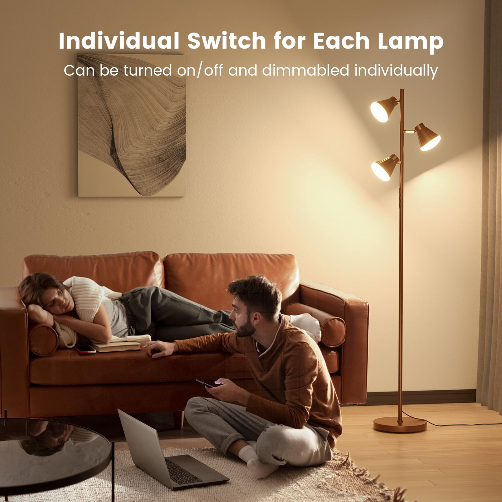 36W LED Tree Floor Lamp, Dimmable Tall Standing Lamp with Remote & Touch Control, 4 Color Temperatures Bright Floor Lamp, 3 Rotatable Light Modern Floor Lamps for Living Room Bedroom Office