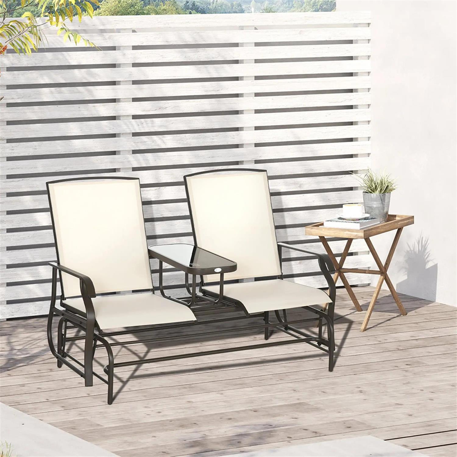 Demi Bonn Outdoor Glider Chairs with Center Table, Metal Frame Patio Loveseat Bench with Breathable Mesh Fabric and Armrests for Backyard Garden Porch, Beige