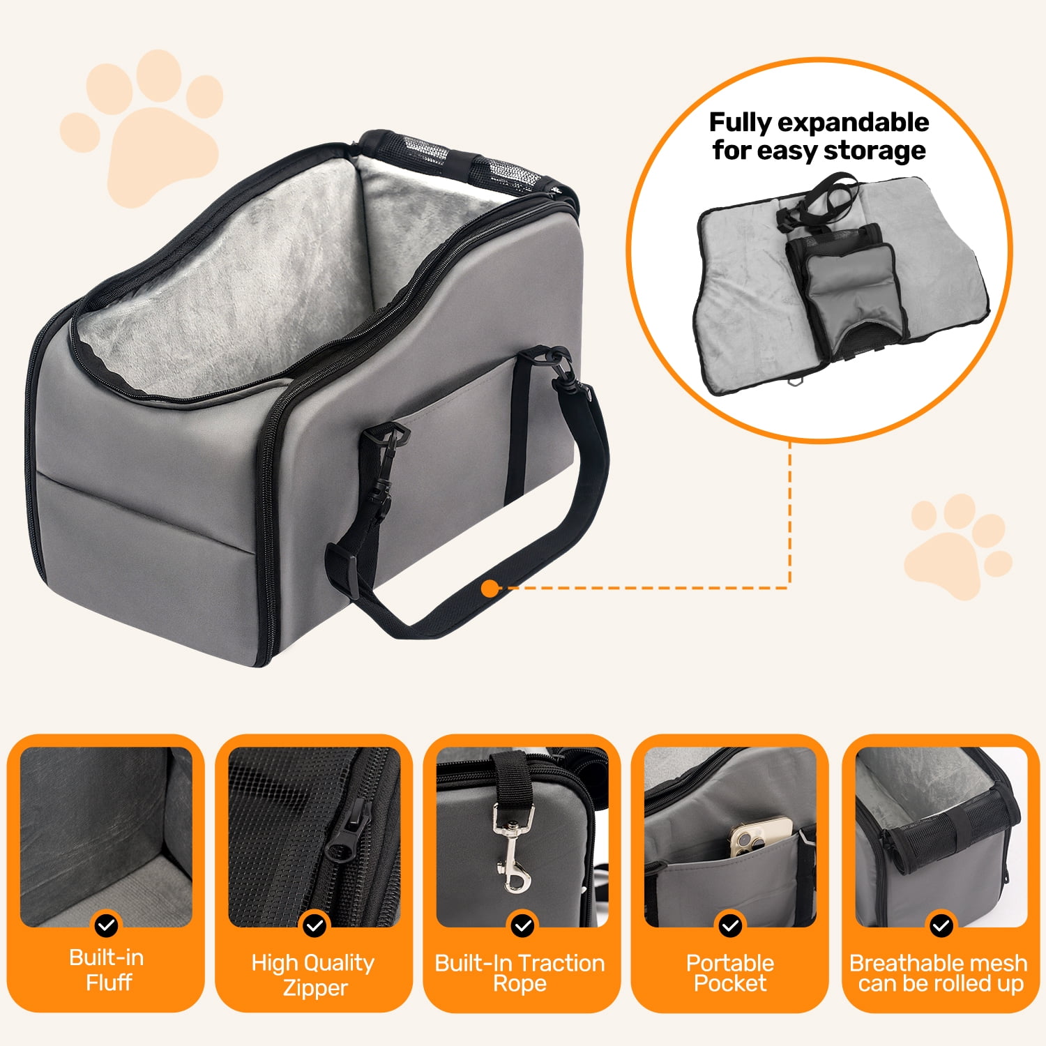 Niubya, Pet Booster Seat For Cars, Dog Car Carrier With Safety Harness, Portable Travel Vehicle Pet Bed for Small Dogs, Cats Easy-Clean & Sturdy Construction, Gray