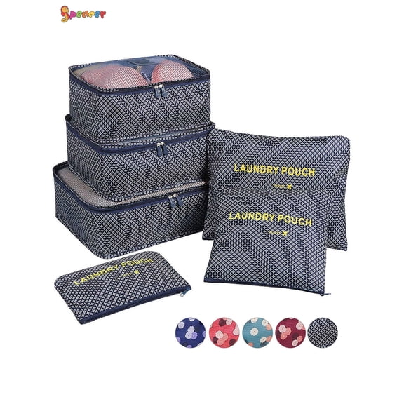Spencer 6Pcs Travel Luggage Storage Bag Portable Organizer Pouch Waterproof Clothes Packing Cubes Suitcase(Navy Blue Stars)