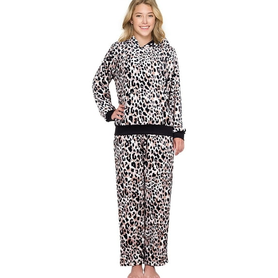 SofiePJ, Women's, Dimple Fleece Sherpa Lined Hooded Pajama Gift Set, Leopard Tan, M