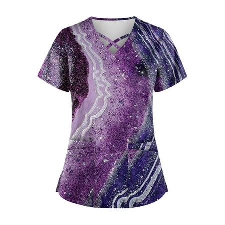 

TKing Fashion Women Plus Size Scrubs Top V-Neck Short Sleeve Printed Pockets Work Blouse for Women Cyan 4XL