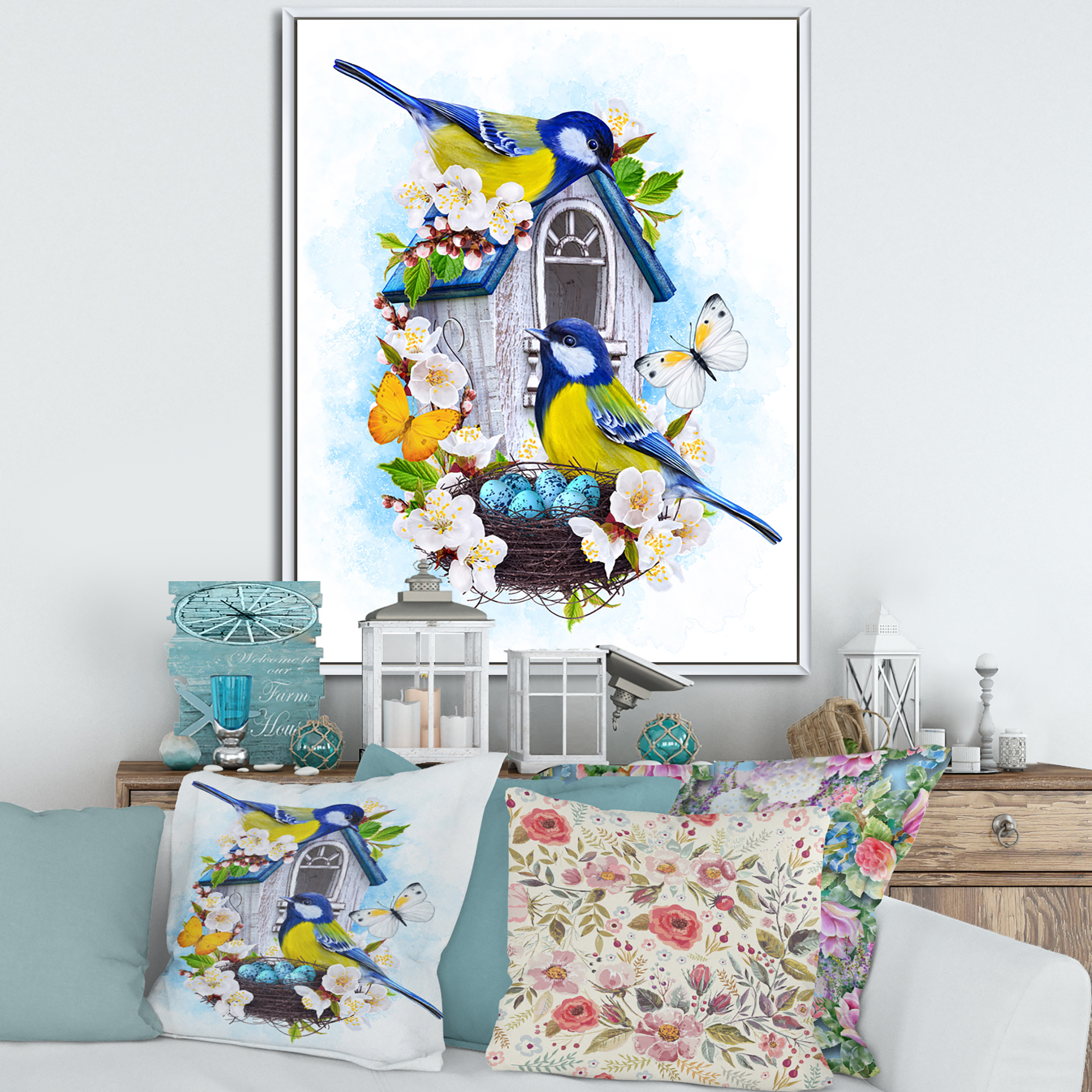 Designart 'Two Tit Birds Sitting Near The Nest With Eggs and White Flowers I' Traditional Framed Canvas Wall Art Print