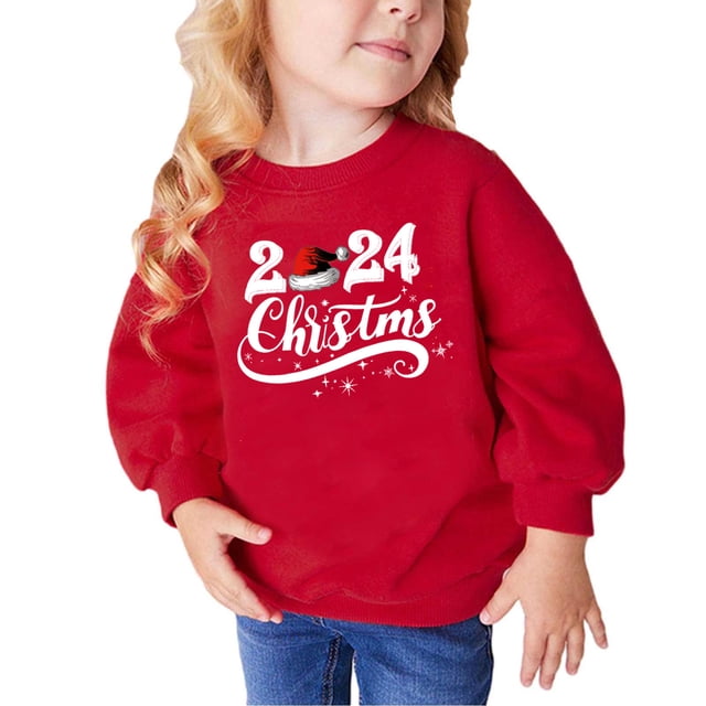 Zwiiyzr Chandail en Molleton Bébé 2025, Imprimé Lettre de Noël, Chandail à Col Rond, Manches Longues, Vêtements d'Hiver et d'Automne pour Filles et Garçons, Rouge