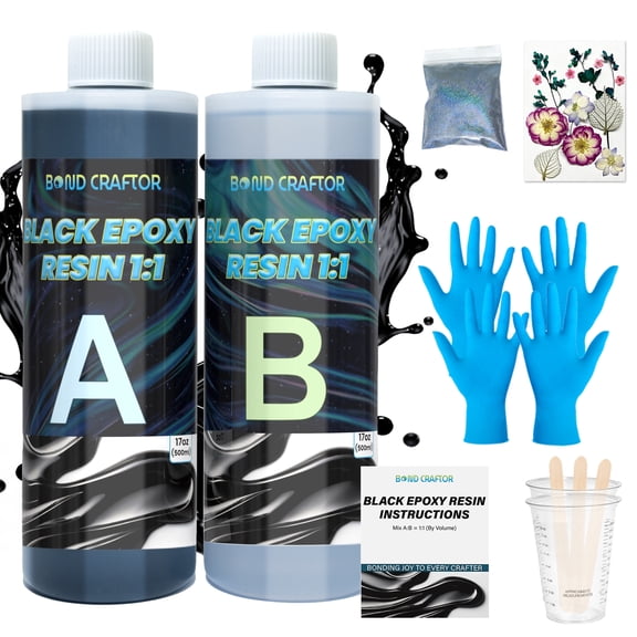 Bond Craftor 34 oz Black Resin Epoxy, Bubble Free High Gloss Pure Black Resin Kit, No Epoxy Dye Required, Self Leveling Resin and Hardener for Arts and Crafts, Jewelry Making, Resin Molds