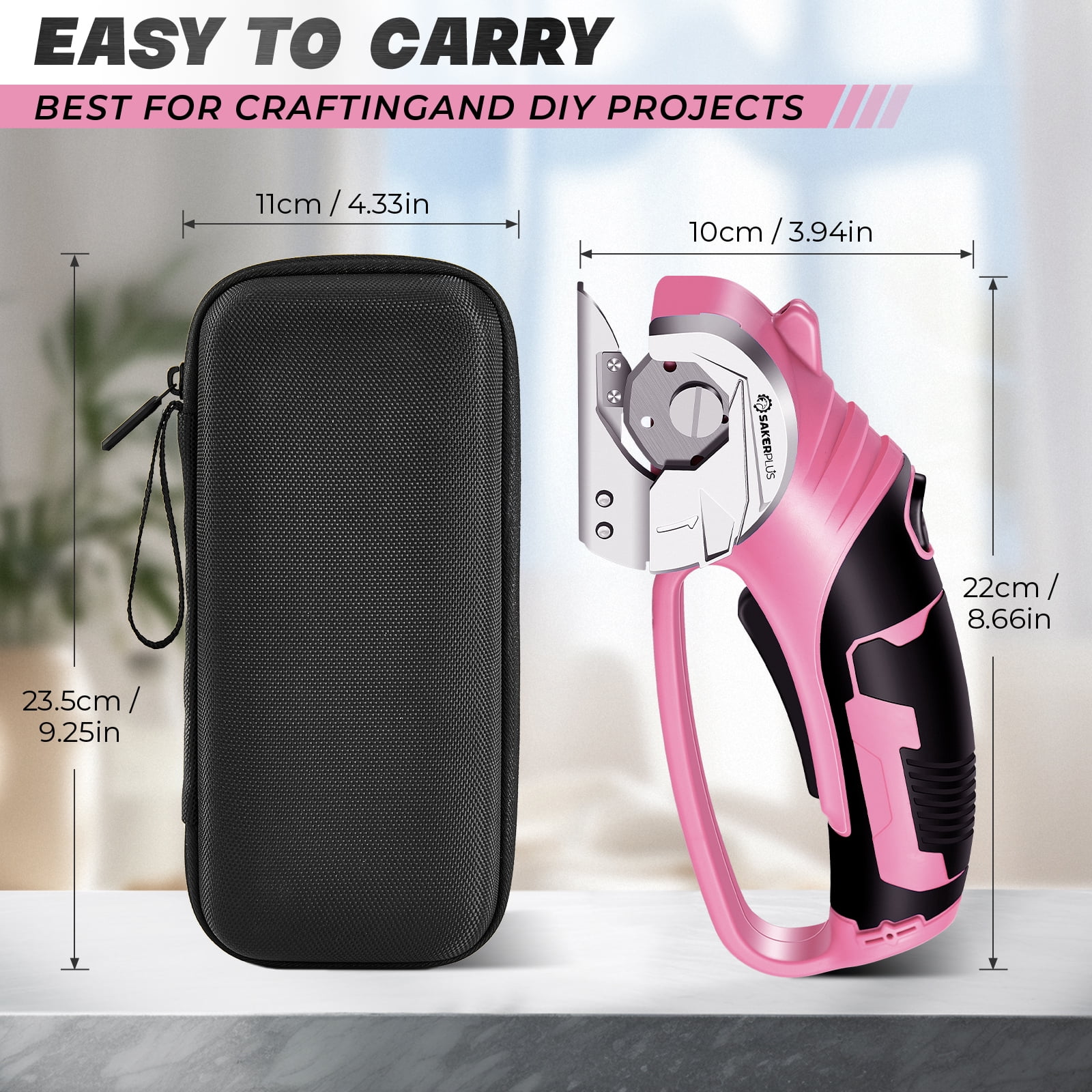 Saker 4V Cordless Electric Scissors, Cardboard Cutter with Safety Lock, LED Light, 220RPM Rotary Cutter for Cardboard, Fabric, Box, Leather, Pink