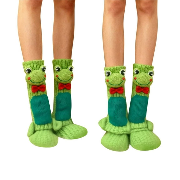 Green 3D Cartoon Anti Slip Wool Socks Floor Socks Cute Frog Pattern For Women Winter Warm Knitted Socks Polyester Material Free Size 9.06-9.45 Inch Foot Length Green