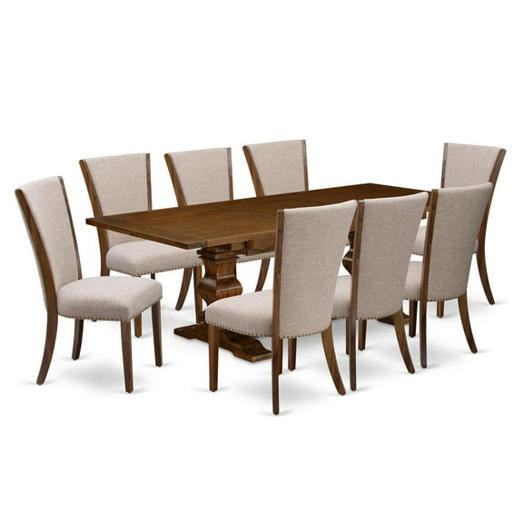 East West Furniture LAVE9-88-04 9Pc Kitchen Table Sets Consists of a Rectangle Table and 8 Parsons Chairs with Light Tan Color Linen Fabric, Antique Walnut Finish