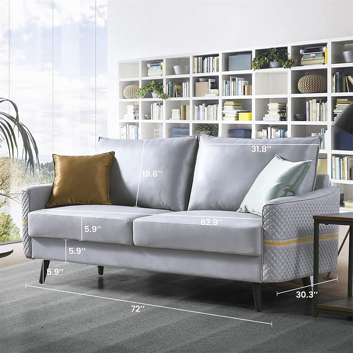 Living Room Leather Sofa Couch, 3-Seat Tufted Love Seat with 2 Pillows, Light Blue