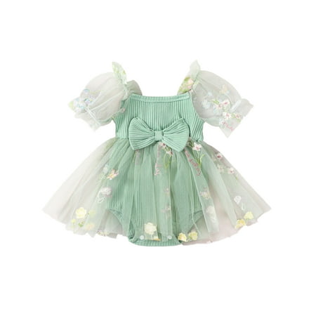 

Niceyoeuk Baby Girl Summer Romper Short Puff Sleeve Bow Front Ribbed Bodysuit