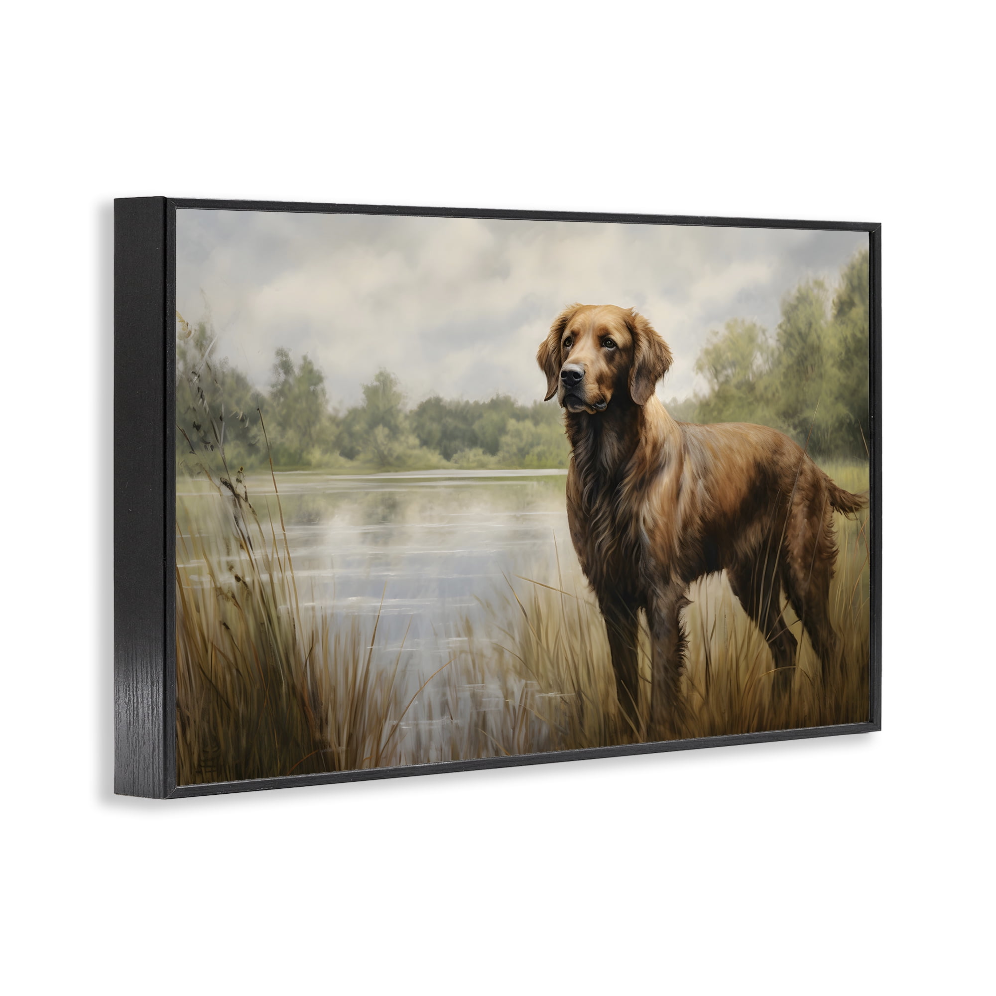 Stupell Industries Retriever Dog & Pond Landscape Painting Black Framed Art Print Wall Art, 18 x 12