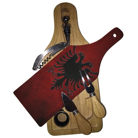 Cheese Cutting Set KuzmarK Wine & Cheese Glass Cutting Board Wood Box Gift Set - Albanian Flag Modern ()