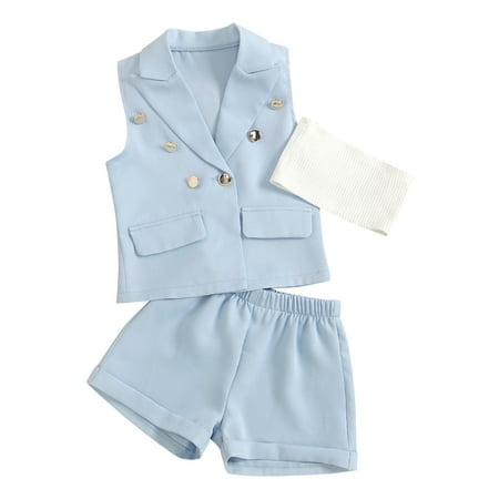 

Toddler Outfit Sets For Teens Summer Girls Sleeveless Solid Colour Coat Vest Shorts Three Piece For Kids Clothes Suit