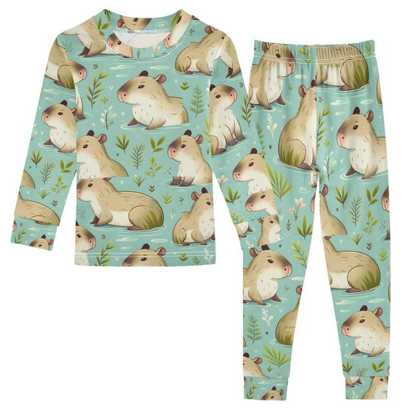 joogoo Capybara Cute 2 Piece Long Sleeve Tee and Pants Cotton Pajama Set 5Y