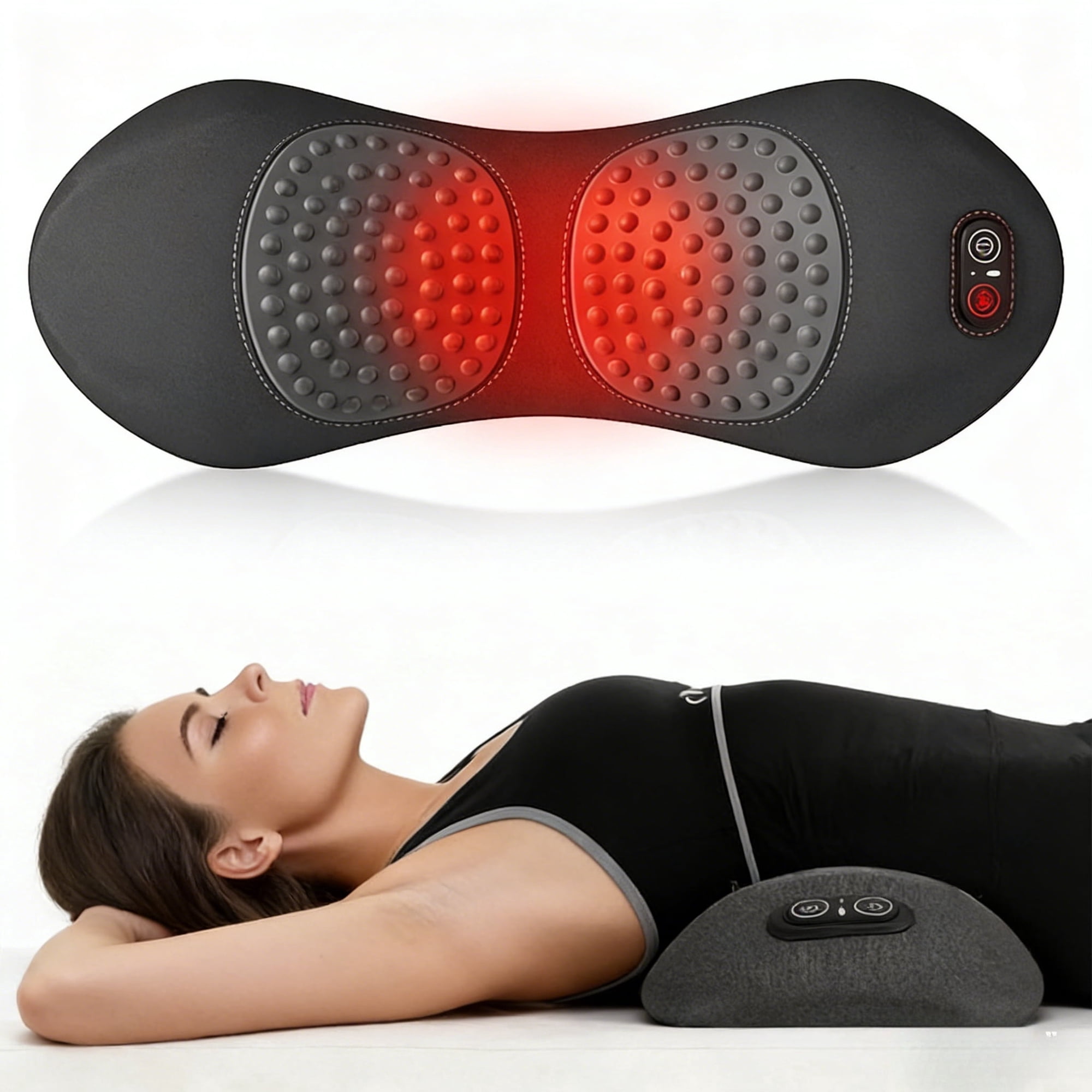 3-in-1 Back Massager with vibration, heat, and traction lift. Its ergonomic memory foam design provides comfortable therapy at home or on the go