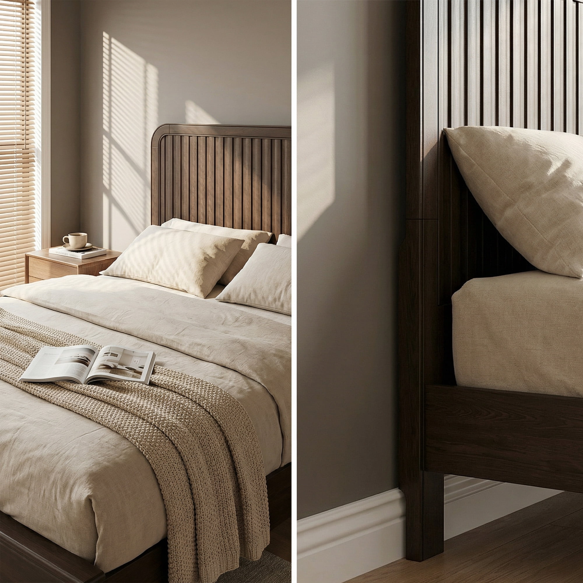 Fluest Queen Bed Frame with Slat Headboard, Solid Wood Bed Frame, No Box Spring Needed, Noise-Free, Rustic Brown