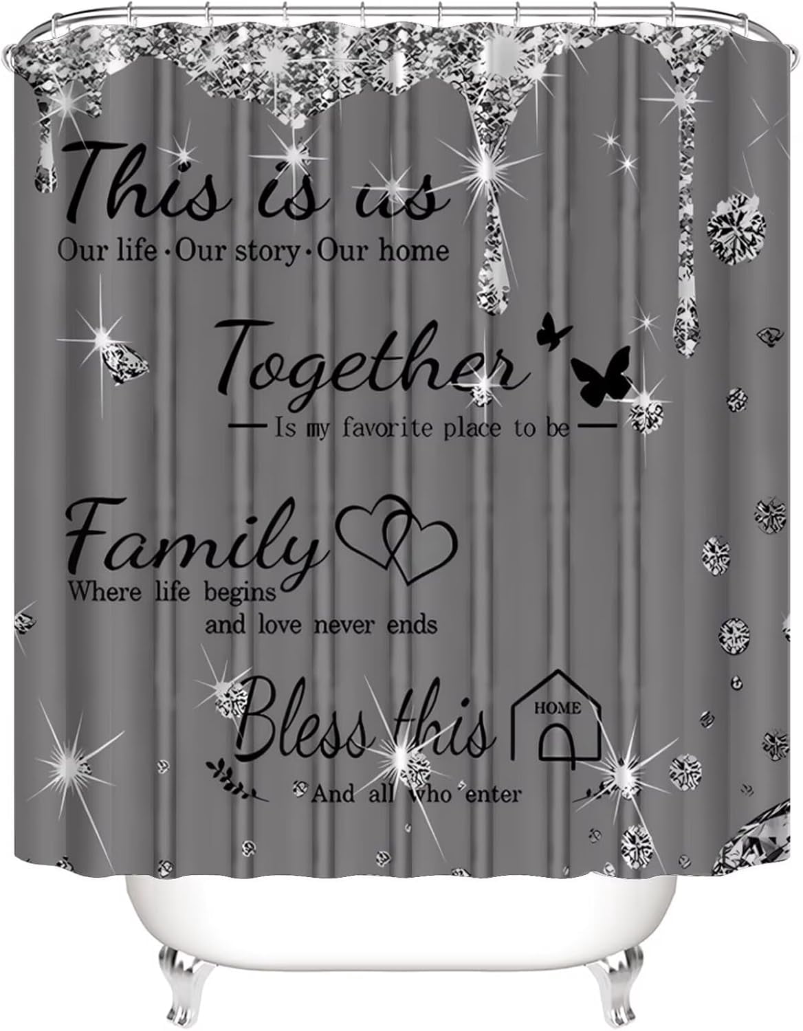 Family Shower Curtain Set Black Home Bathroom Set with Shower Curtain and Rugs and Accessories Bathroom Decor Curtain with 12 Hooks
