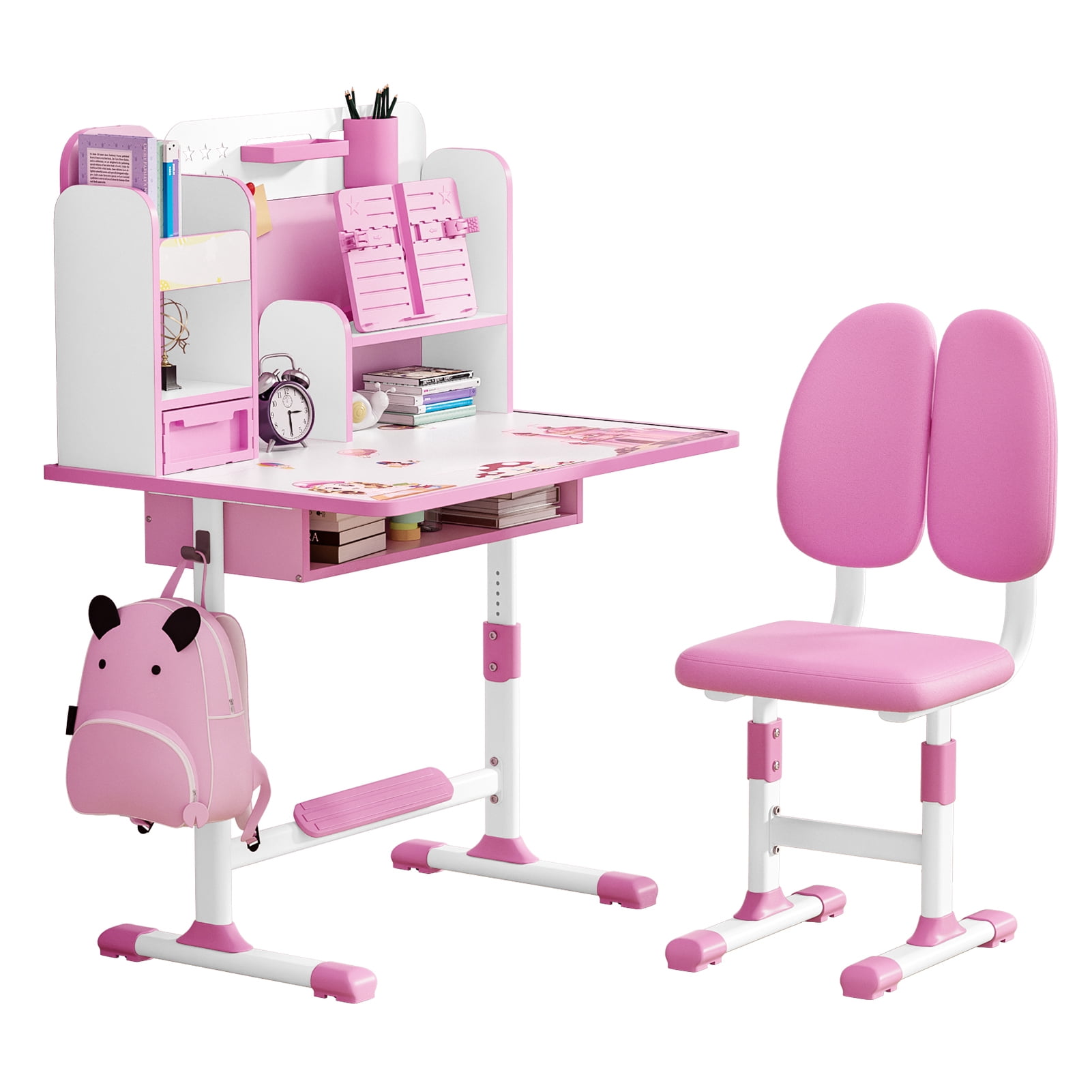 Upgraded Kids Desk and Chair Set, Height Adjustable Kids Functional Desk and Chair Set for Kids 8-12, Study Table for Girls Boys, Writing Table for Kids-Pink